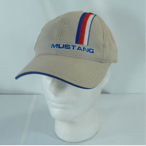 Vintage Ford Mustang Checkered Flag Stiped Strapback Cap Hat Beige Stripes